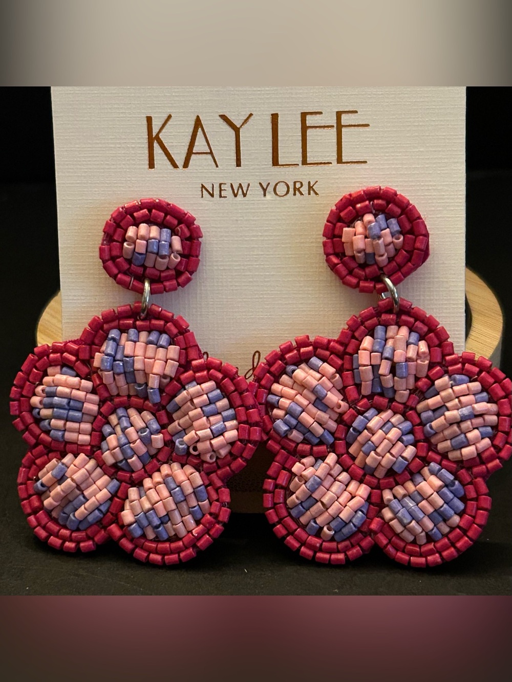 Pink & Lavender Hand Beaded Floral Drop Stud Pierced Earrings